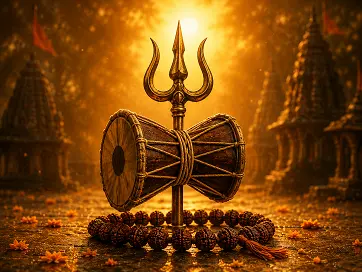 Damru with trishul in a warm devotional setting