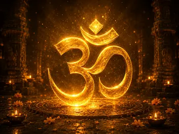 Golden Om symbol in a devotional setting